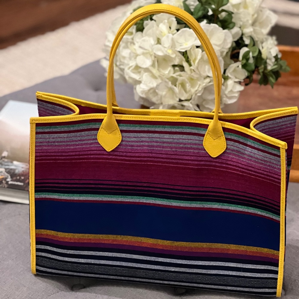 Laddu handmade canvas stripe and leather tote